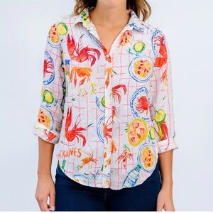 Calypso St. Barth Cajun Novelty Print Button Down linen blend blouse